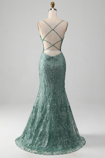 Sparkly Grey Green Mermaid Spaghetti Straps Long Prom Dress with Beading